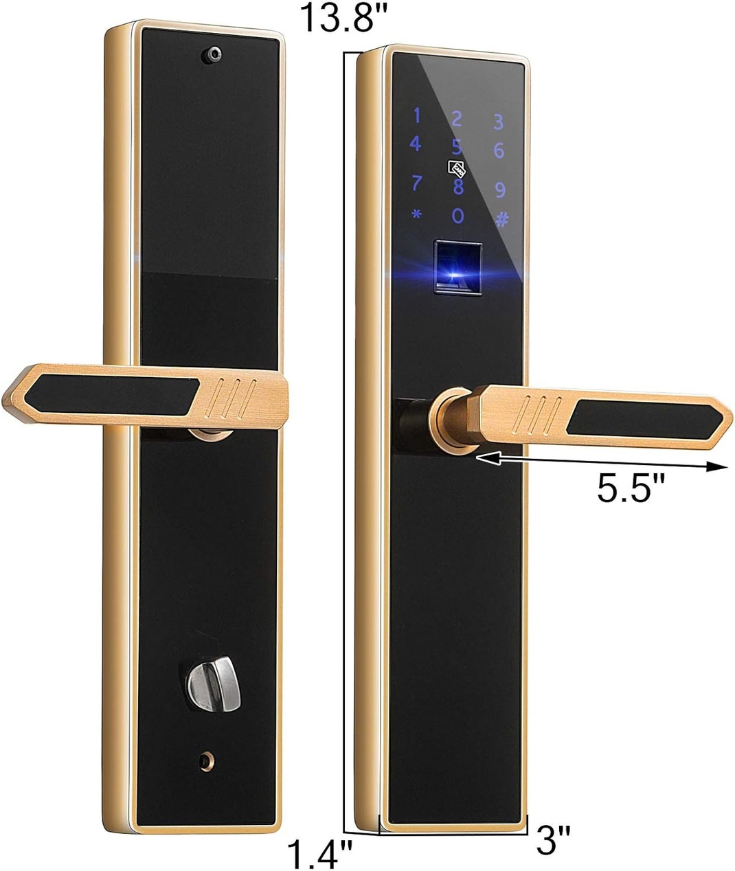 Högkvalitativ produktbild som visar ett guld/svart smart dörrlås framifrån och från sidan med mått (13,8" höjd, 5,5" handtagslängd, 3" bredd, 1,4" djup). Låset har en digital pekplatta, fingeravtrycksläsare och handtag.